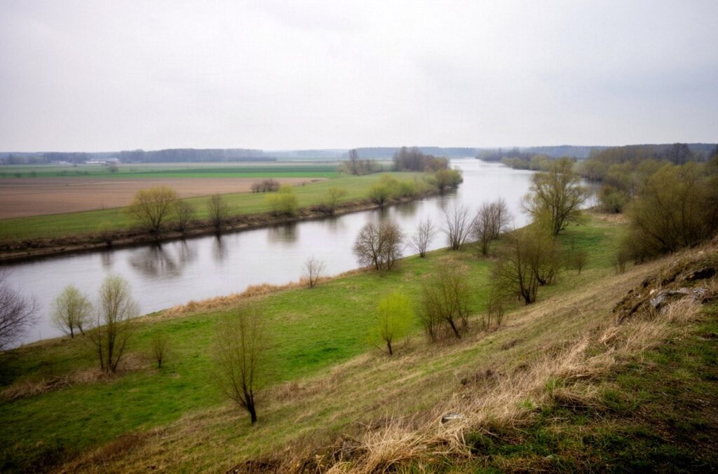 Szeroka dolina rzeki z łąkami i kępami drzew wczesną wiosną