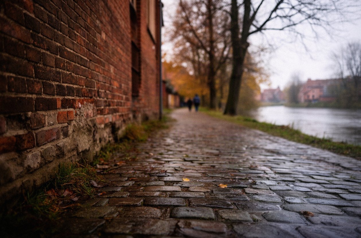 Bruk i ceglana ściana nad rzeką w małym mieście na Warmii, jesienny dzień