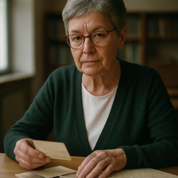 Halina Wróblewska przy stole z pocztówkami i planem miasta