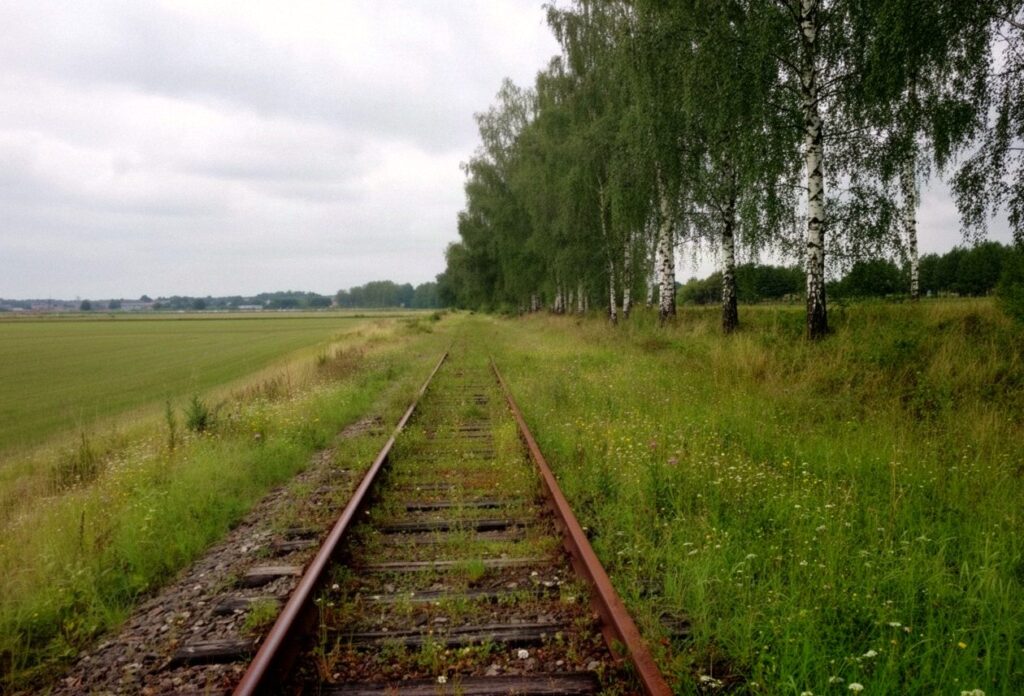 Zarośnięty nasyp dawnej linii kolejowej wśród pól