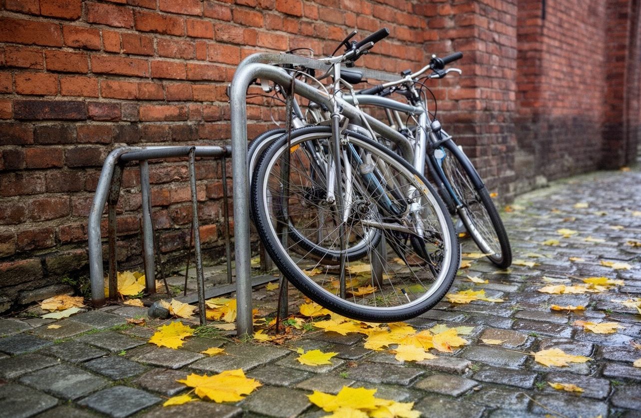 Stojak rowerowy przy ceglanym murze, mokry bruk i liście klonu, początek roku szkolnego w małym mieście na Warmii
