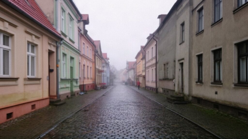 Wąska brukowana uliczka z kamienicami różnych epok