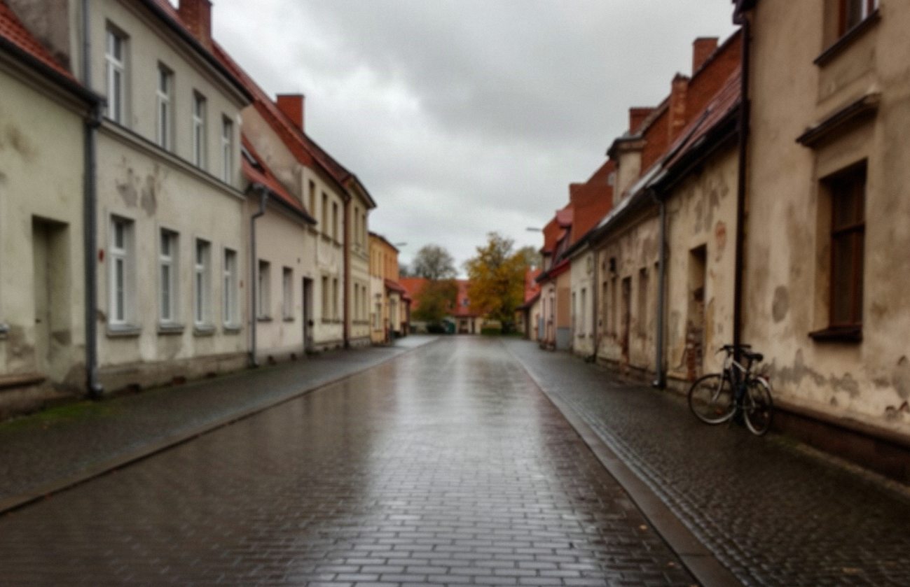Brukowana uliczka małego warmińskiego miasta z kamienicami, pochmurny jesienny poranek