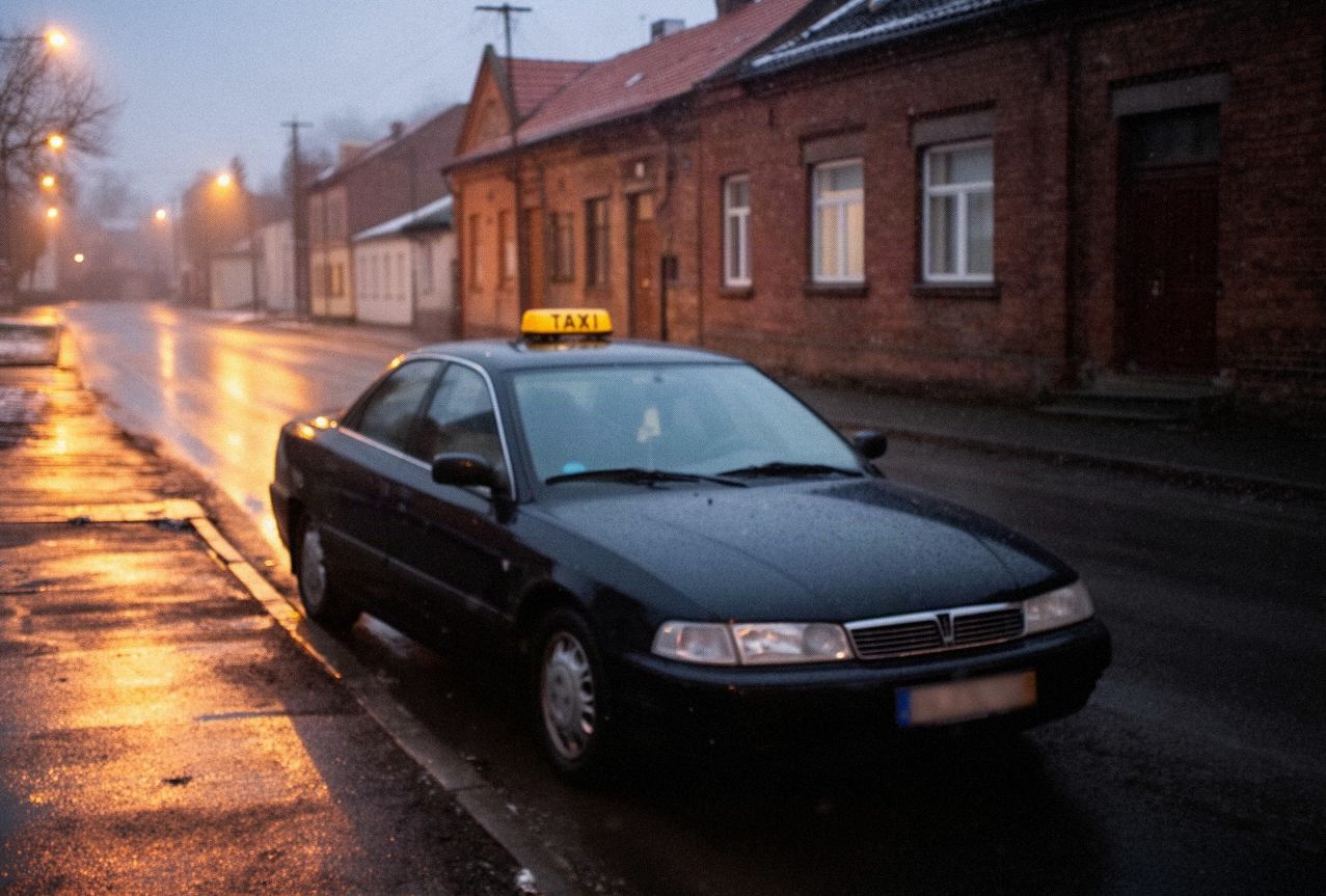 Taksówka osobowa czekająca wieczorem na ulicy w Bartoszycach, północna Warmia