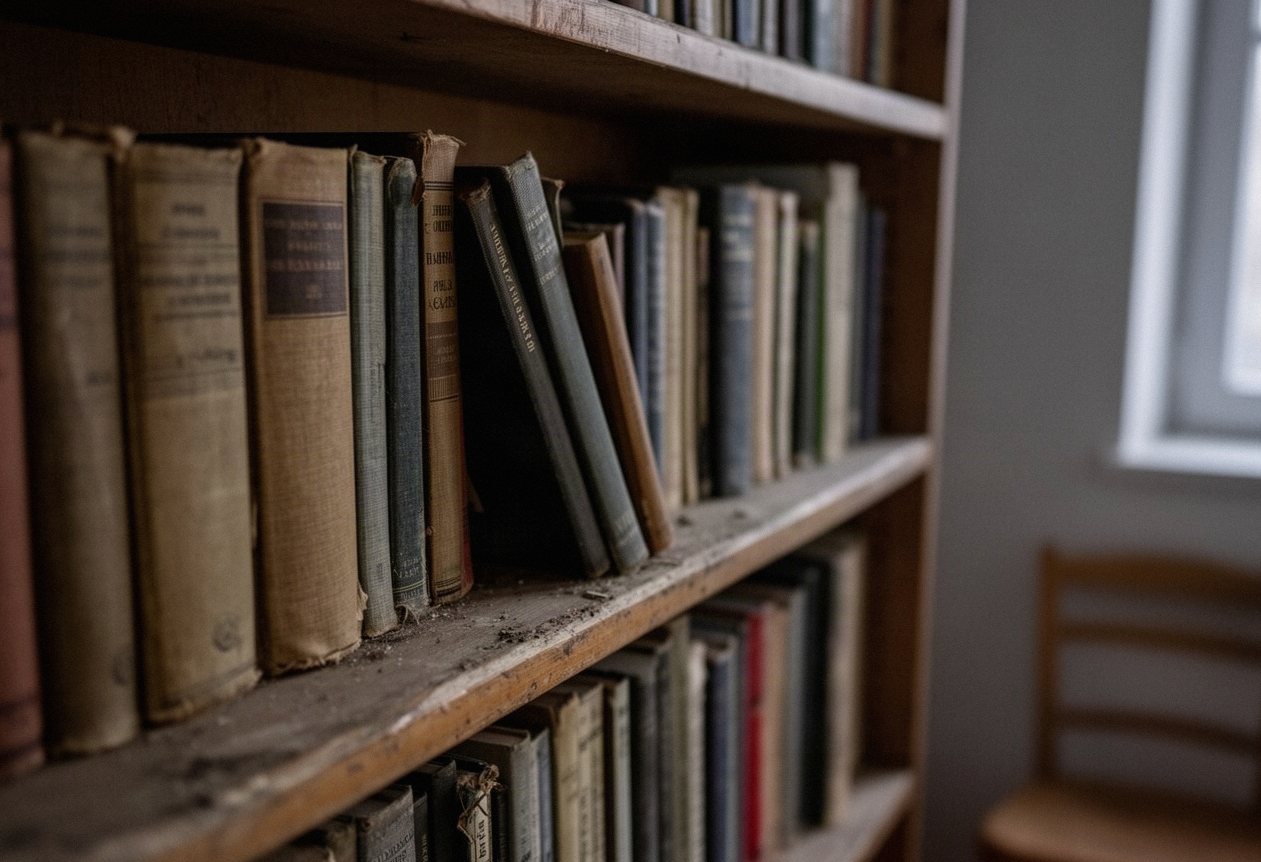Drewniany regał z książkami w bibliotece małego miasta w Warmii