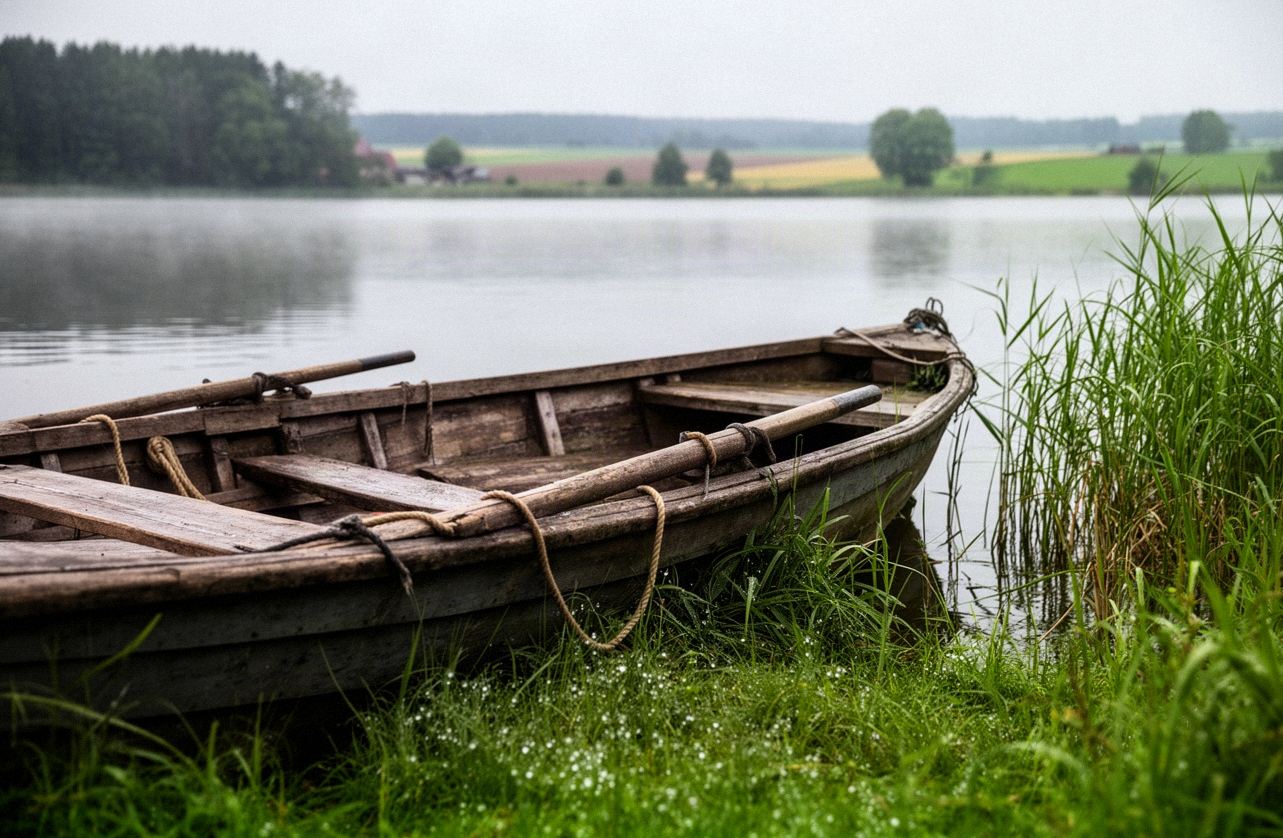 Łódź wśród trzcin na brzegu jeziora w porannej mgle, Warmia
